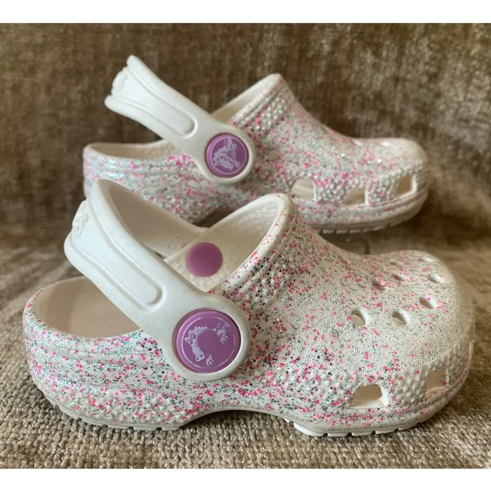 Crocs Kids Classic Glitter Speckle Clogs White Pink C6 Comfort Shoes